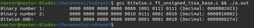 Résultat d'un programme qui utilise l'opérateur bitwise ET pour manipuler tous les bits d'un entier non-signé.