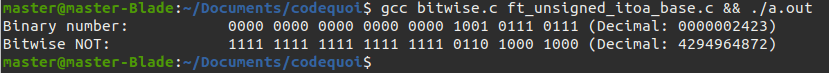 Résultat d'un programme qui utilise l'opérateur bitwise NON pour inverser tous les bits d'un entier non-signé.