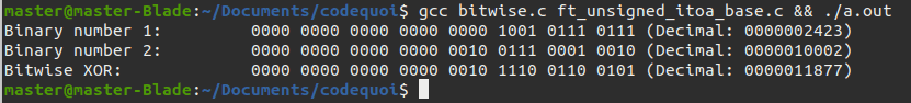 Résultat d'un programme qui utilise l'opérateur bitwise OU exclusif pour manipuler tous les bits d'un entier non-signé.