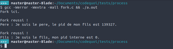 Résultat d’un test de l’appel système fork pour créer un processus fils.