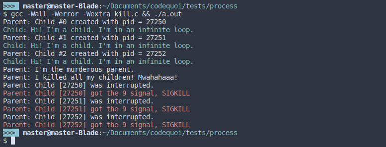 Output of a test program to show how to kill child processes with the SIGKILL or SIGTERM signals.