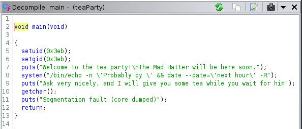 Source code of the decompiled teaParty program in Ghidra for the Wonderland CTF by TryHackMe