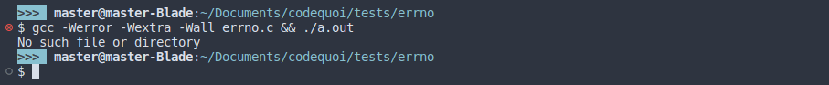 Output of a C program showing the usage of the strerror function to print the current errno error.