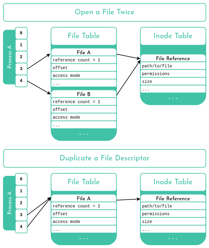 Diagram showing the difference between opening a file twice and duplicating its file descriptor. In the first case, each file descriptor refers to different entries in the system's open files table. In the second, the two descriptors point to the same entry in the open files table.