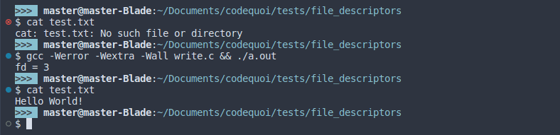 Output of a test program showing how to write in a file in C with the write system call.