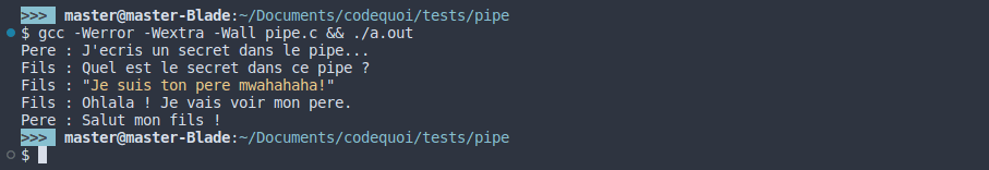 Résultat d’un programme de test en C qui démontre comment faire en sorte que deux processus communiquent à travers un tube ou pipe.