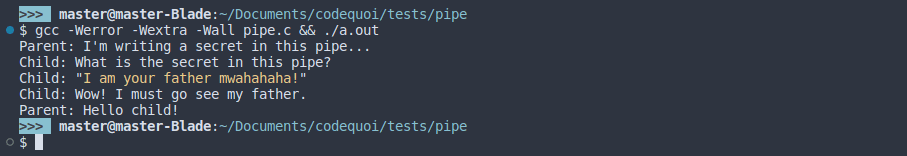 Output of a test program in C showing how to create inter-process communication with a pipe.