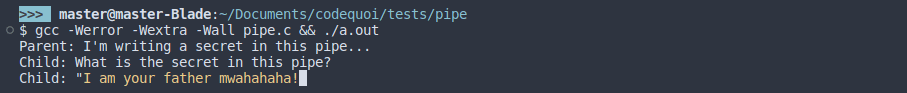 Output of a test program in C showing the importance of closing unused ends of a pipe. Read is waiting for data to be written since all of the processes have not close their file descriptors.