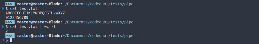 An example shell command containing a pipe. The standard output of the first command is redirected towards the standard input of the second one with a pipe.