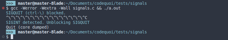 Output of a test program in C to show how to intercept and block a signal. 