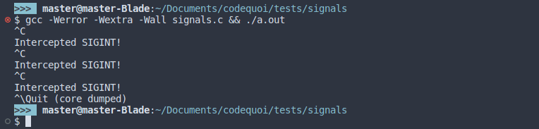 Output of a test program in C to show how to intercept a signal and change its default action. 