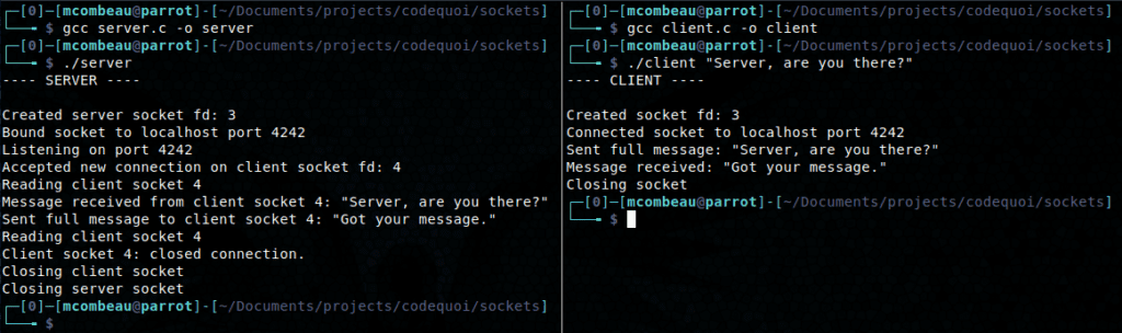 Output of two test programs: a mini server and a mini client. The client and the server establish a connection and communicate through their sockets.