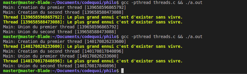 Résultat d’un programme en C pour tester le fonctionnement des threads.