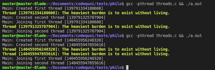 Output of a C program to test how threads work.