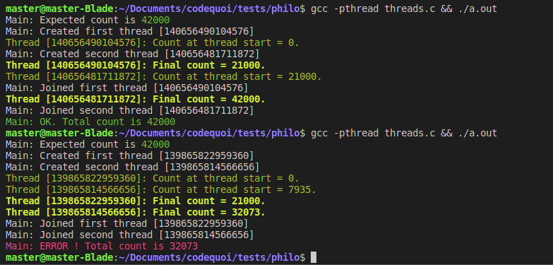 Output of a test program in C, showing the main problem with threads’ shared memory: data race.