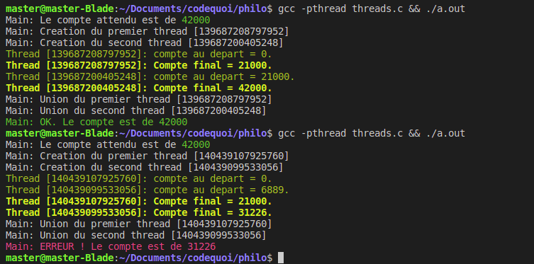 Résultat d’un programme de test en C, qui démontre le problème de mémoire partagée des threads, le data race.