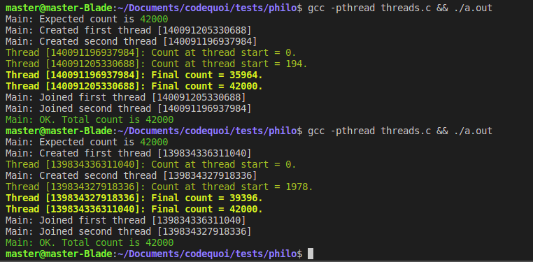 Output of a test program in C, which demonstrates the usefulness of mutex to protect shared memory and avoid data races.