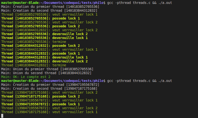 Résultat d’un programme de test en C qui démontre les interblocages (deadlocks) de threads que peuvent causer les mutex.