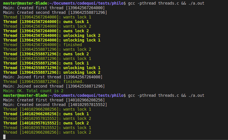 Output of a test program in C, which shows a thread deadlock caused by mutexes.